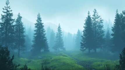 Fototapeta premium Serene Misty Forest with Towering Evergreen Trees