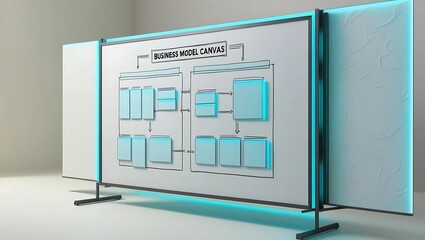 Structured digital whiteboard displaying a simplified business model canvas with glowing section dividers, subtle white-to-light-gray gradient background emphasizing organization and planning  
