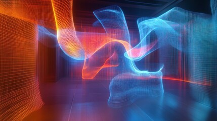 Glowing particle streams flow in dark room with grid background