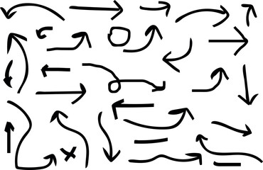 Black sketch grunge arrows collection. Grungy brushes realistic brush paint, black hand drawn arrows set icon Vector hand drawn arrows isolated on white background. 