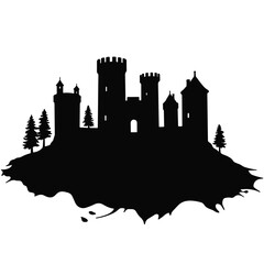 Silhouette of ancient fortress with trees on white background, symbolism