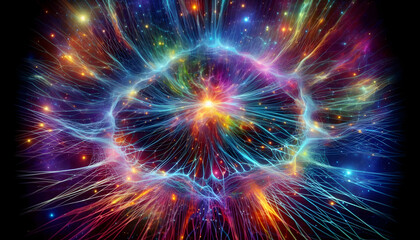 Fototapeta premium Law of attraction A cosmic scene featuring an intricate web of glowing threads in a spectrum of colors, illustrating t2