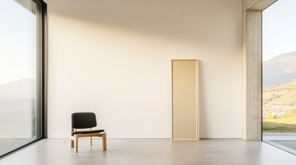 Fototapeta premium Modern minimalist interior design showcasing a single chair and cabinet near large windows