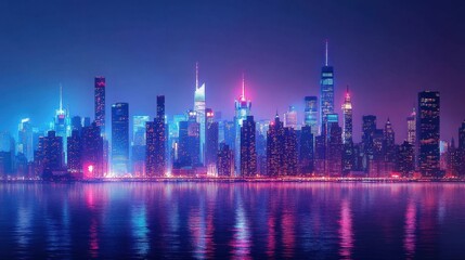 Fototapeta premium Futuristic city skyline illuminated by neon lights during a night scene