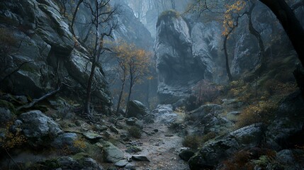 Autumnal Forest Path Through Misty Canyon