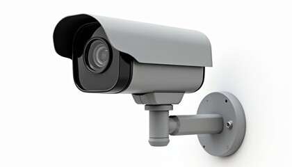 CCTV camera mounted on wall. Security surveillance system recording video. Digital tech equipment isolated on white background. Modern surveillance device with lens ensures public safety.