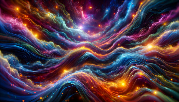 Law of attraction A cosmic landscape featuring waves of intertwined energy in vibrant colors, flowing with glowing par2