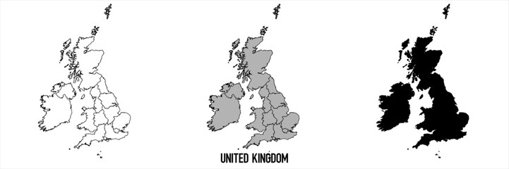 United Kingdom - set of black, solid black, grey outline border map of country area. Simple flat vector illustration.