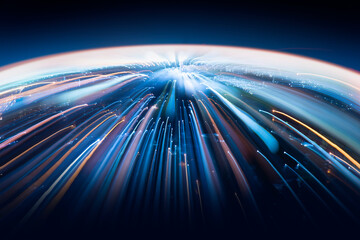 Speed lines on Abstract blue planet with glowing stars and dynamic motion design