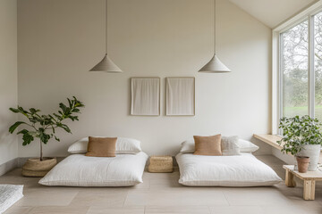Bright and minimalistic bedroom with natural elements and cozy bedding