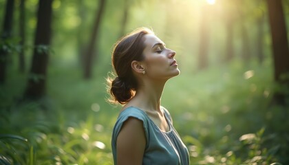 Woman inhales fresh air surrounded by lush green forest, enjoys tranquility. Girl deep breathes in sunlight, finds mindfulness, feels connection with nature. Well-being practice on clean air.