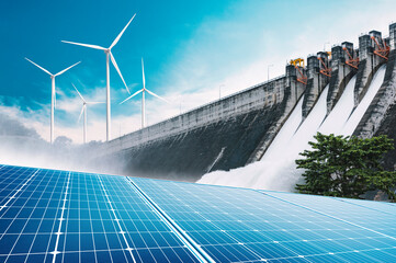 Wind power station with turbines and solar panels by a river, dam, and waterfall in a scenic landscape with mountains and a bridge
