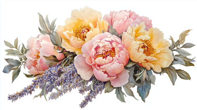 A beautiful watercolor bouquet featuring pink and yellow peonies, lavender sprigs, and soft greenery for a fresh, spring vibe