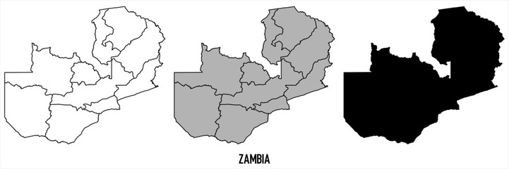 Zambia - set of black, solid black, grey outline border map of country area. Simple flat vector illustration.