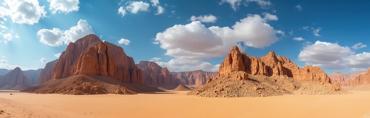 Fototapeta premium Panoramic shot of rocky desert formations with sand in foreground, typical Al Ula landscape, Saudi Arabia. Arid, rocky terrain under sunny blue sky with scattered clouds. Sandstone formations create