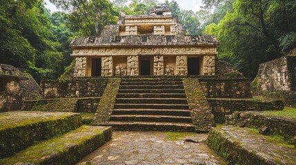 Obraz premium Ancient mayan temple in dense jungle with stone carvings and steps in palenque, mexico
