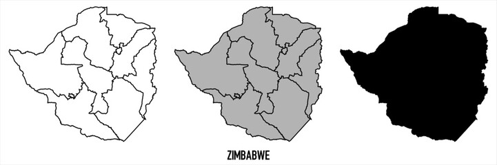 Zimbabwe - set of black, solid black, grey outline border map of country area. Simple flat vector illustration.