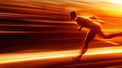 Male athlete running at sunset with motion blur effect