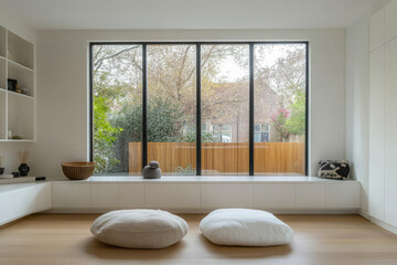 Fototapeta premium Modern living room interior with large windows showcasing a serene outdoor view