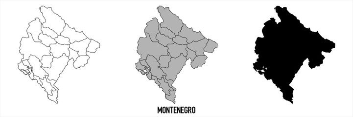 Montenegro - set of black, solid black, grey outline border map of country area. Simple flat vector illustration.