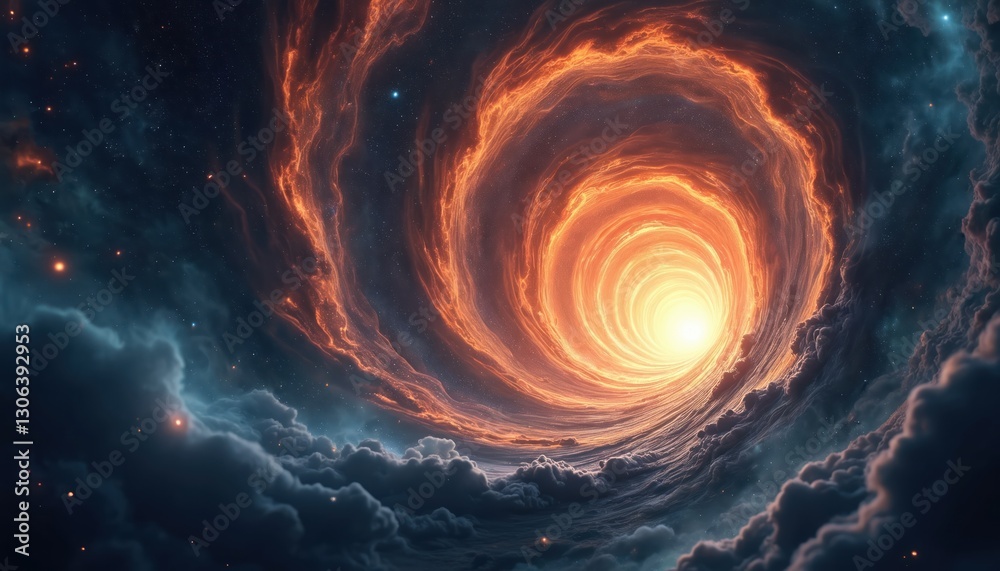 Poster Cosmic explosion vortex in dark sky. Universe space spiral wormhole tunnel for astrology, galaxy research. Dimension portal of cosmic creation and big bang in cosmos.