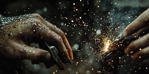 Blacksmiths making sparks with metal tools in workshop
