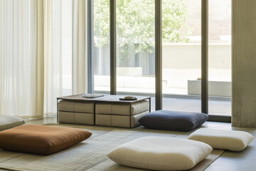 Fototapeta premium Cozy and modern living space with floor cushions and large windows in daylight