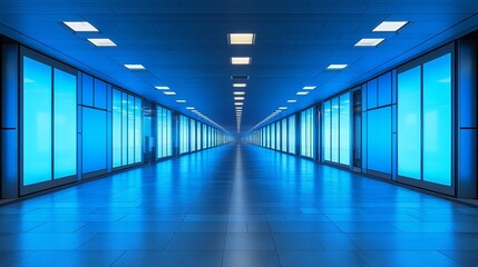 Bright and Inviting Long Hallway with Striking Blue Walls and Abundant Natural Light from Windows