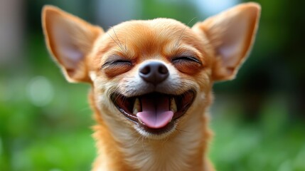 Joyful chihuahua with closed eyes and tongue out in lush green setting