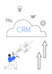 Cloud labeled CRM connects with icons for communication, ideas, shopping, workflow. Man with megaphone targets challenges shown as missiles, reinforcing progress with upward arrows. Ideal
