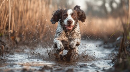 Playful dog splashing through muddy water in a natural setting during a sunny day