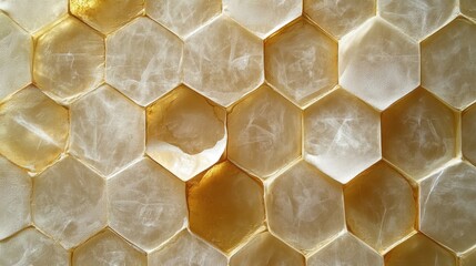 Close-up of translucent honeycomb texture with golden highlights