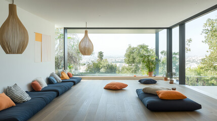 Modern minimalist interior with panoramic view and cozy seating area in daylight