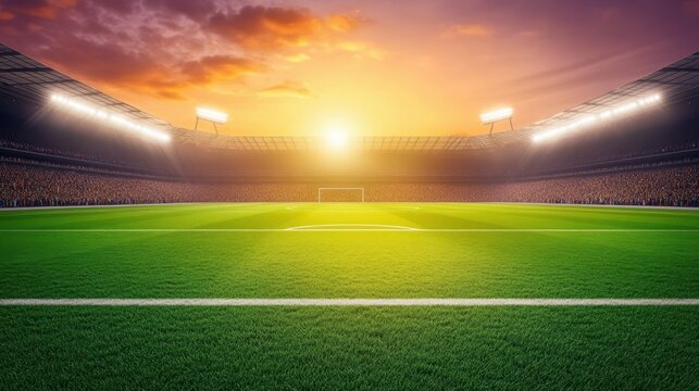 Soccer stadium at sunset with the lights on and full of fans