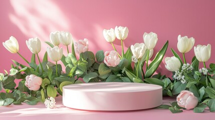 Obraz premium Soft pink background, modern round podium in soft pink, decorated with tulips and greenery on both sides, minimal shadows, warm sunshine, clean 