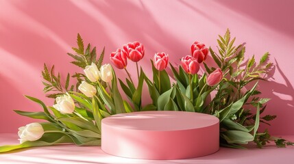 Soft pink background, modern round podium in soft pink, decorated with tulips and greenery on both sides, minimal shadows, warm sunshine, clean 