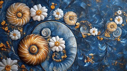 Elegant blue and gold floral patterns with intricate shell motifs on textured background