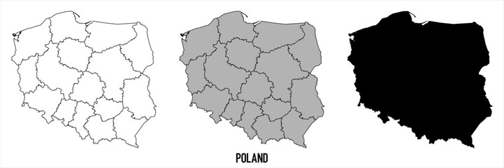Obraz premium Poland - set of black, solid black, grey outline border map of country area. Simple flat vector illustration.