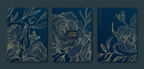 Vector set of golden flower vintage cards, elegant leaf line frames, japanese style invitations. Memory, funeral templates, greeting luxury backgrounds. © marylia17