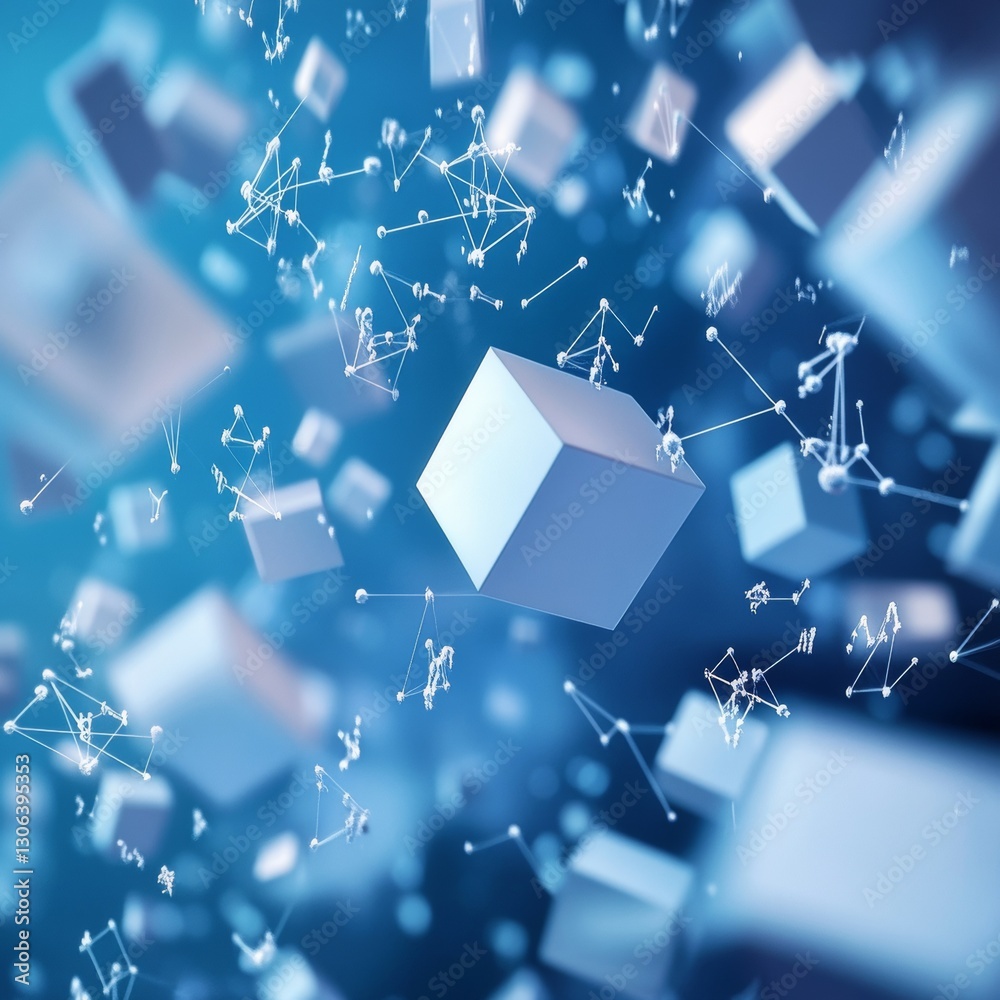 Poster abstract blue cubes and network connections: a modern technology concept visualization