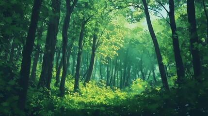 "Serene Forest Scene with Sunlit Path – Lush Greenery and Tranquil Natural Beauty"