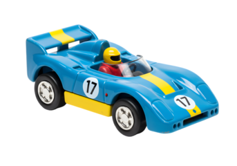 Colorful toy race car with blue and yellow design, featuring a black helmet driver and number 17 on the side