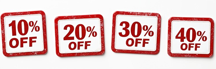 Four stamps read 10, 20, 30, 40 percent off. Red discount stickers on white background. Set price reduction tags for promotion, special retail offers, sales event, holiday shopping.