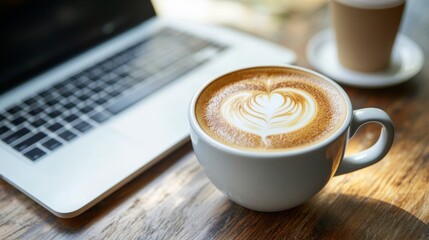 A beautifully crafted latte with intricate heart-shaped art sits on a rustic wooden table. Nearby, a laptop suggests a warm atmosphere ideal for productivity and comfort
