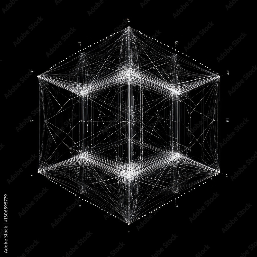 Poster abstract data cube: a white line network visualized on black background, minimalist digital art desi