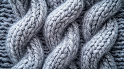 Close-up of gray wool knit texture with intricate braided pattern