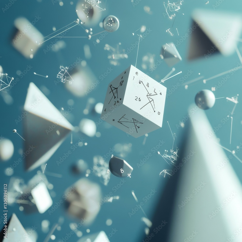 Poster abstract geometry: floating shapes, lines, and light in a dreamlike atmosphere