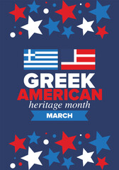 Greek American Heritage Month. Greece and United States flag. Greek blue color. Happy holiday celebrate in March. Culture month. Patriotic design. Poster, card, banner, template. Vector illustration