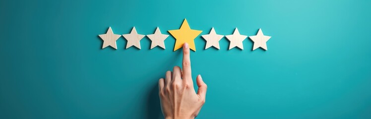 Hand points at five wooden stars on blue background. Rating system for quality assessment, feedback, benchmark. Visual impact design for product service excellence. Creative icon for client response,