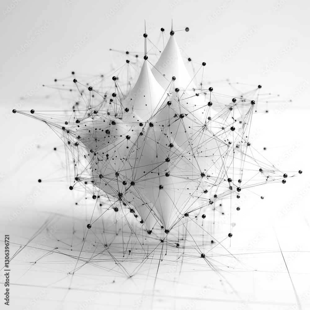 Fototapete abstract minimalist network structure with geometric shapes and black nodes on white